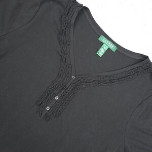 Lauren Ralph Lauren Top Ruffle V-Neck Short‎ Sleeve Blouse Black 2X